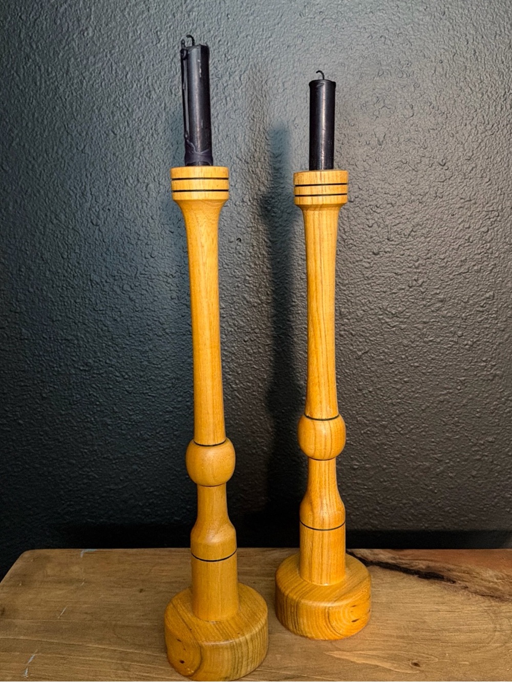 Set of 2 Vintage Scandinavian Turned Wood Candle Holders Rustic MCM Cottagecore